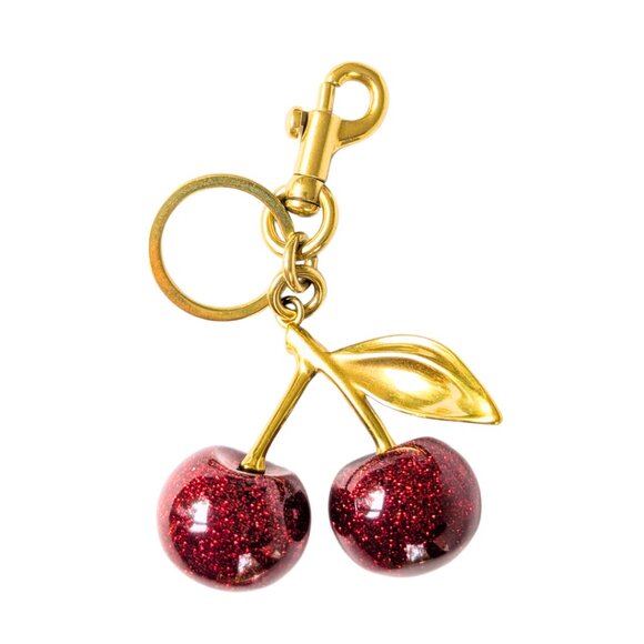 Cherry Bag Charm Key Chain Glitter Red Cherries Gold Clip - Picture 2 of 6